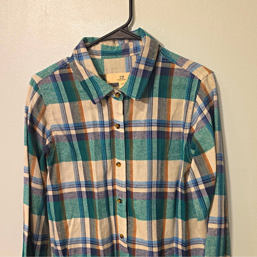 Thread + Supply Women's Plaid Flannel LS Button-Up Shirt L Green/Blue #219